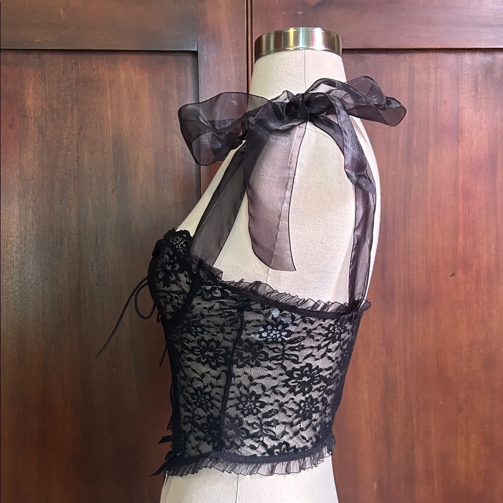 Black Lace Corset with Sheer Organza Bow Straps S - Picture 2 of 6